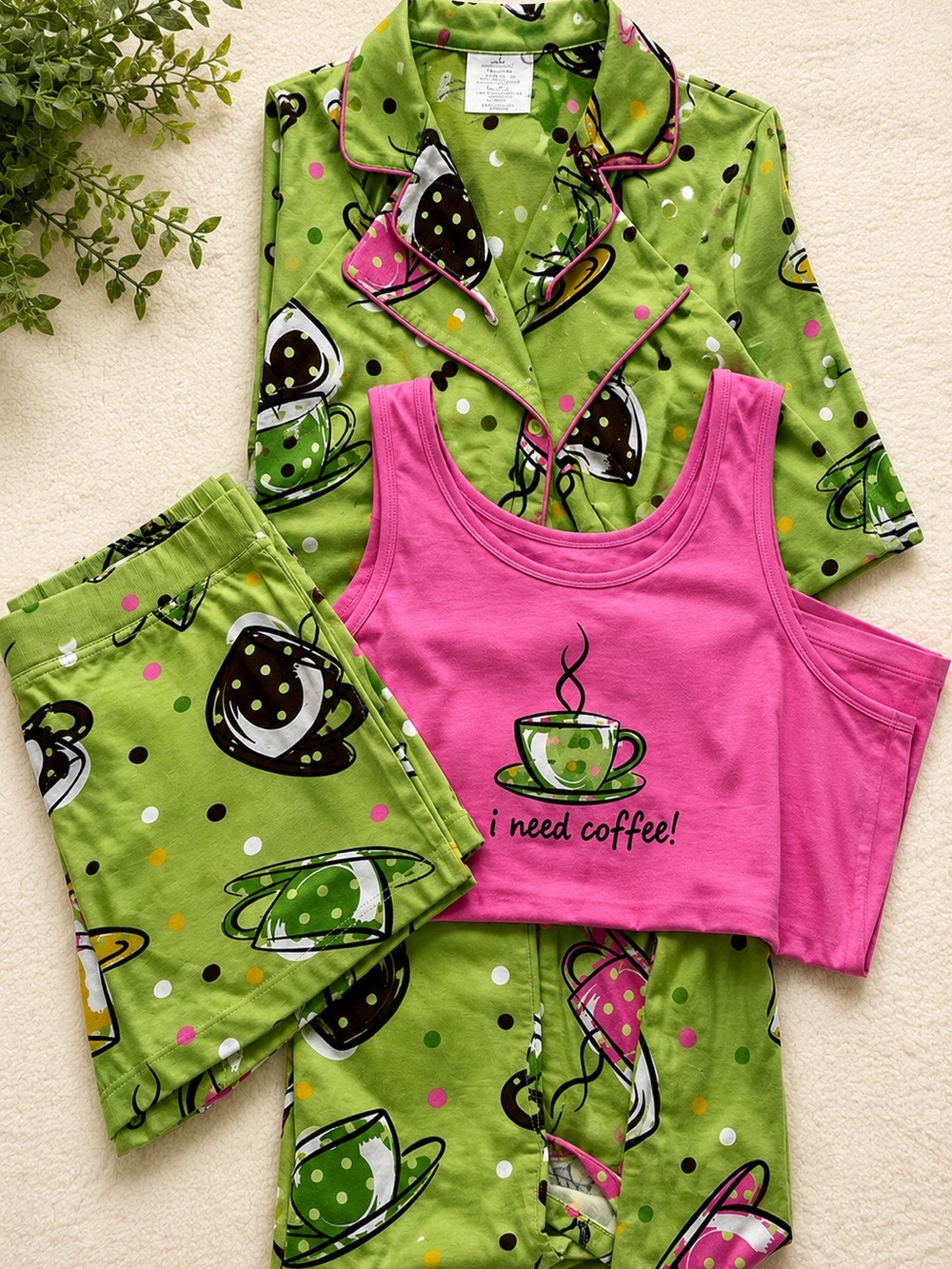 Vibrant Pink and Green Pajama Set for Relaxed Comfort
